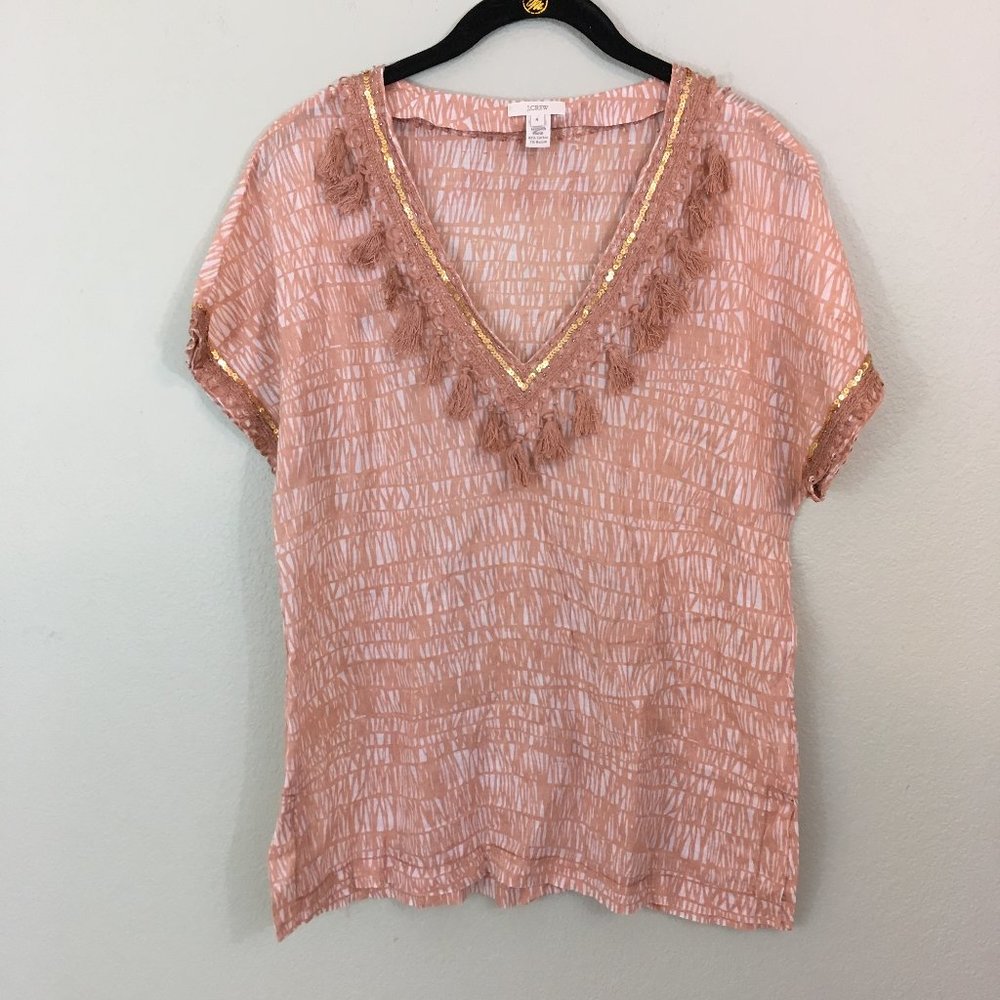 J.Crew Flowy Tassel Sequin V-Neck Semi-Sheer Top